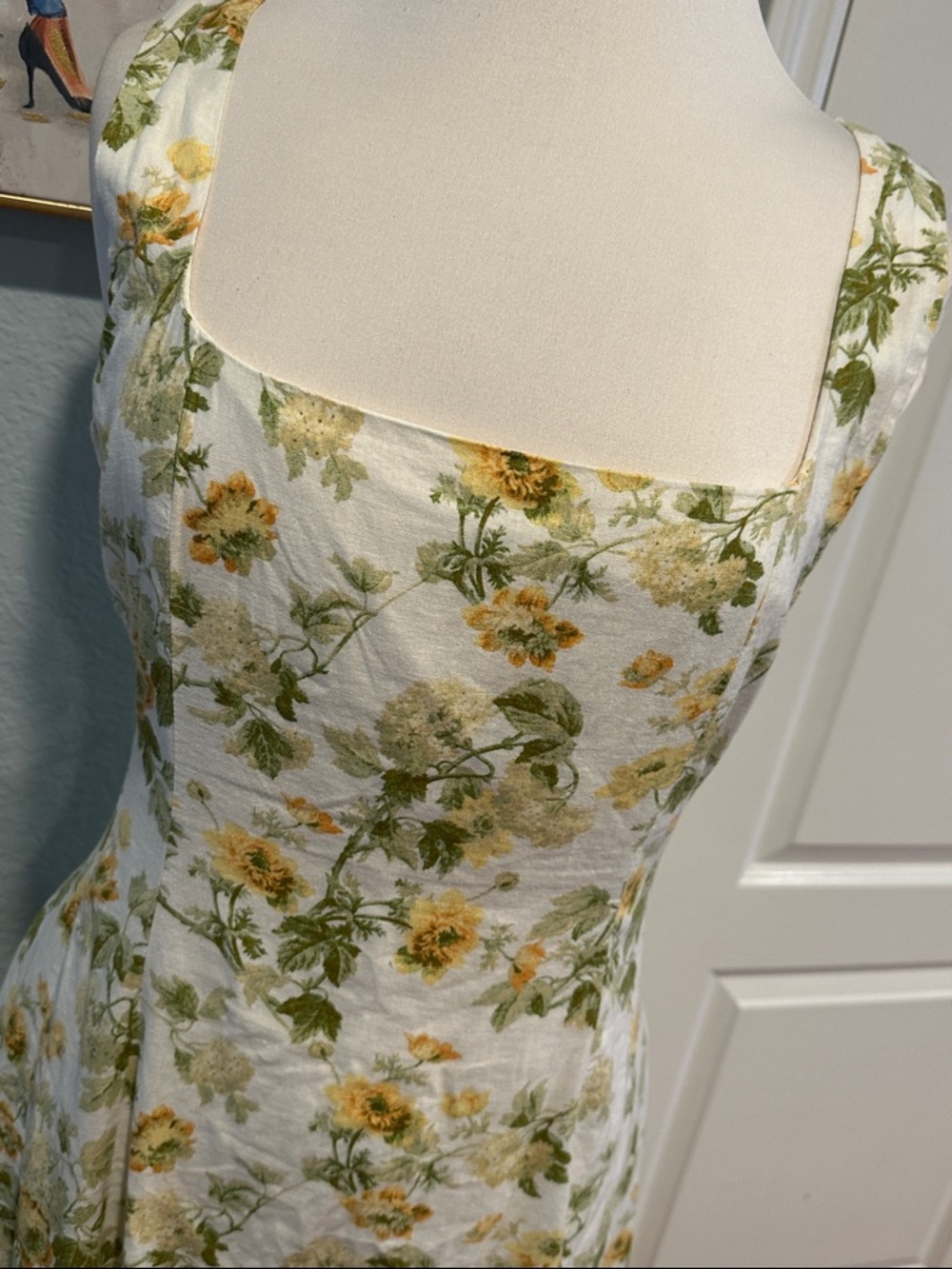 Laura Ashley Sz 14 VTG Floral Midi Dress White Yellow Cottage Square Neck • NEW! - Picture 2 of 12
